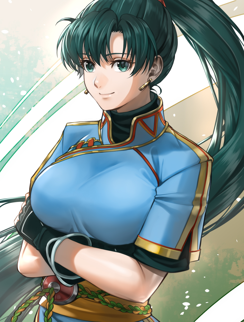 1girl arms_under_breasts black_gloves blue_dress breasts closed_mouth crossed_arms delsaber dress earrings fingerless_gloves fire_emblem fire_emblem:_the_blazing_blade floating_hair gloves green_eyes green_hair hair_between_eyes high_ponytail highres jewelry large_breasts long_hair looking_at_viewer lyn_(fire_emblem) nintendo ponytail rope_belt short_sleeves smile solo upper_body very_long_hair