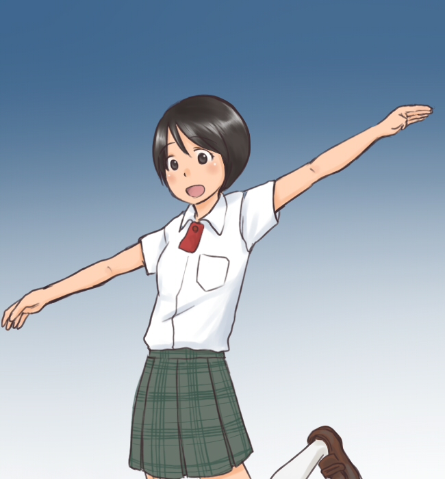 1girl :d black_hair brown_eyes female_focus gradient_background hiwatari open_mouth school_uniform shimau short_hair simple_background smile solo yotsubato!