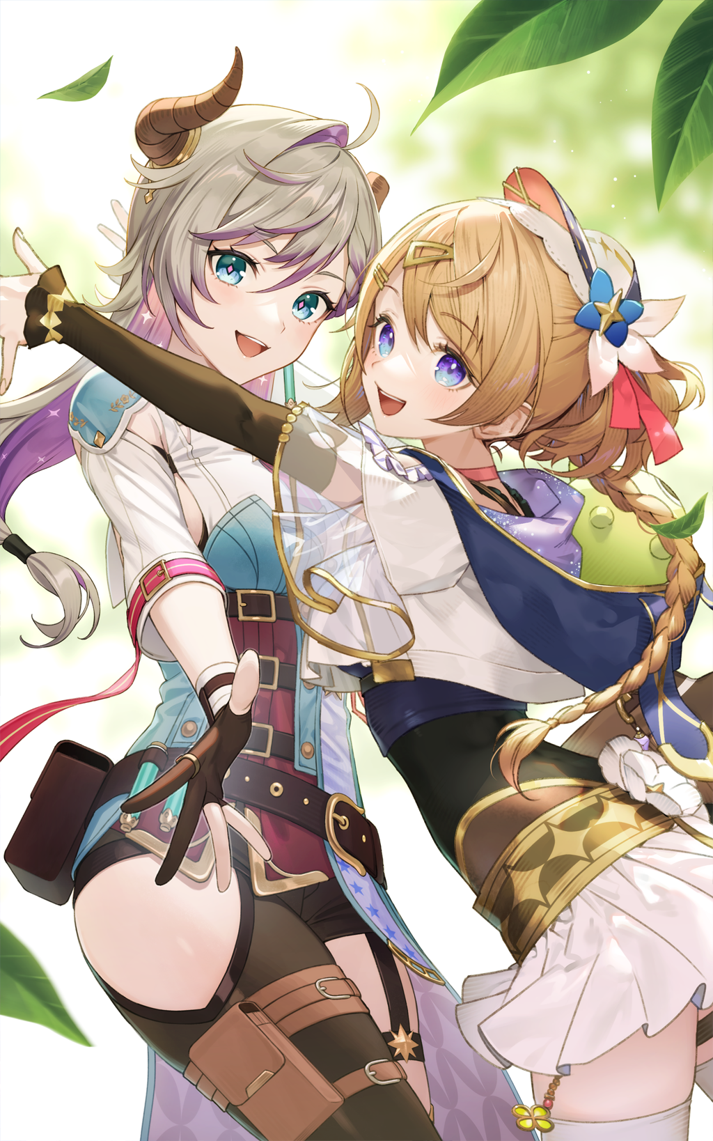 2girls :d ahoge artist_collaboration atelier_(series) atelier_resleriana belt blonde_hair blue_eyes blurry blurry_background braid breasts broken_horn choker cowboy_shot demon_horns detached_sleeves gloves hair_between_eyes hair_ornament hairclip hat highres horns hug leaf long_hair long_sleeves looking_at_viewer multicolored_hair multiple_belts multiple_girls non-web_source official_art open_mouth outstretched_arm partially_fingerless_gloves pink_choker pink_hat pouch purple_hair reaching reaching_towards_viewer resna_sternenlicht sideboob smile standing thigh_pouch tokki two-tone_hair umiu_geso valeria_(atelier)