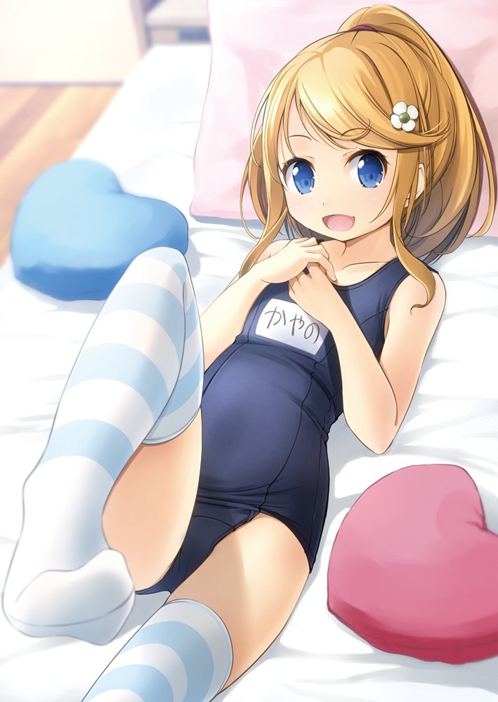 1girl amatsuka_kayano bed bed_sheet blonde_hair blue_eyes blue_one-piece_swimsuit blue_pillow blue_thighhighs blurry blurry_background flower hair_flower hair_ornament hands_on_own_chest heart heart-shaped_pillow indie_virtual_youtuber indoors leg_up long_hair looking_at_viewer lying name_tag no_shoes old_school_swimsuit on_back on_bed one-piece_swimsuit open_mouth pillow pink_pillow ponytail school_swimsuit school_swimsuit_flap shibacha smile solo striped_clothes striped_thighhighs swimsuit thighhighs v-shaped_eyebrows wooden_floor