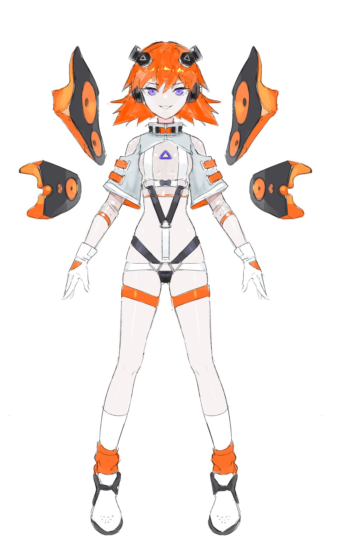1girl ankle_socks arms_at_sides belt black_belt black_panties black_wings breasts buckle chest_harness clothing_cutout collared_shrug commentary crop_top cropped_shirt detached_wings double-parted_bangs english_commentary fishnet_top fishnets floating floating_object full_body furrowed_brow gloves gluteal_fold grey_shrug grin hair_between_eyes half-closed_eyes harness headphones high_tops highleg highleg_panties highres invisible_floor kneehighs legs_apart long_eyelashes long_sleeves looking_at_viewer loose_socks lowleg mechanical_wings medium_hair multi-strapped_panties narrowed_eyes o-ring o-ring_bottom o-ring_harness o-ring_panties open_hands orange_belt orange_hair orange_shrug orange_socks orange_trim orange_wings original panties purple_eyes see-through_clothes see-through_shirt see-through_sleeves shirt shoes short_sleeves shoulder_cutout shrug_(clothing) sideboob sidelocks simple_background skindentation sleeve_belt small_breasts smile smirk snap-fit_buckle sneakers socks socks_over_kneehighs solo speaker spiked_hair standing straight-on tachi-e teeth thick_eyelashes thigh_strap thighs thong tight_clothes tight_shirt tight_top triangle_print tsurime turtleneck two-sided_fabric two-tone_wings underboob underbust underwear v-shaped_eyebrows vertigris white_background white_belt white_gloves white_shoes white_shrug white_socks wide_sleeves wings