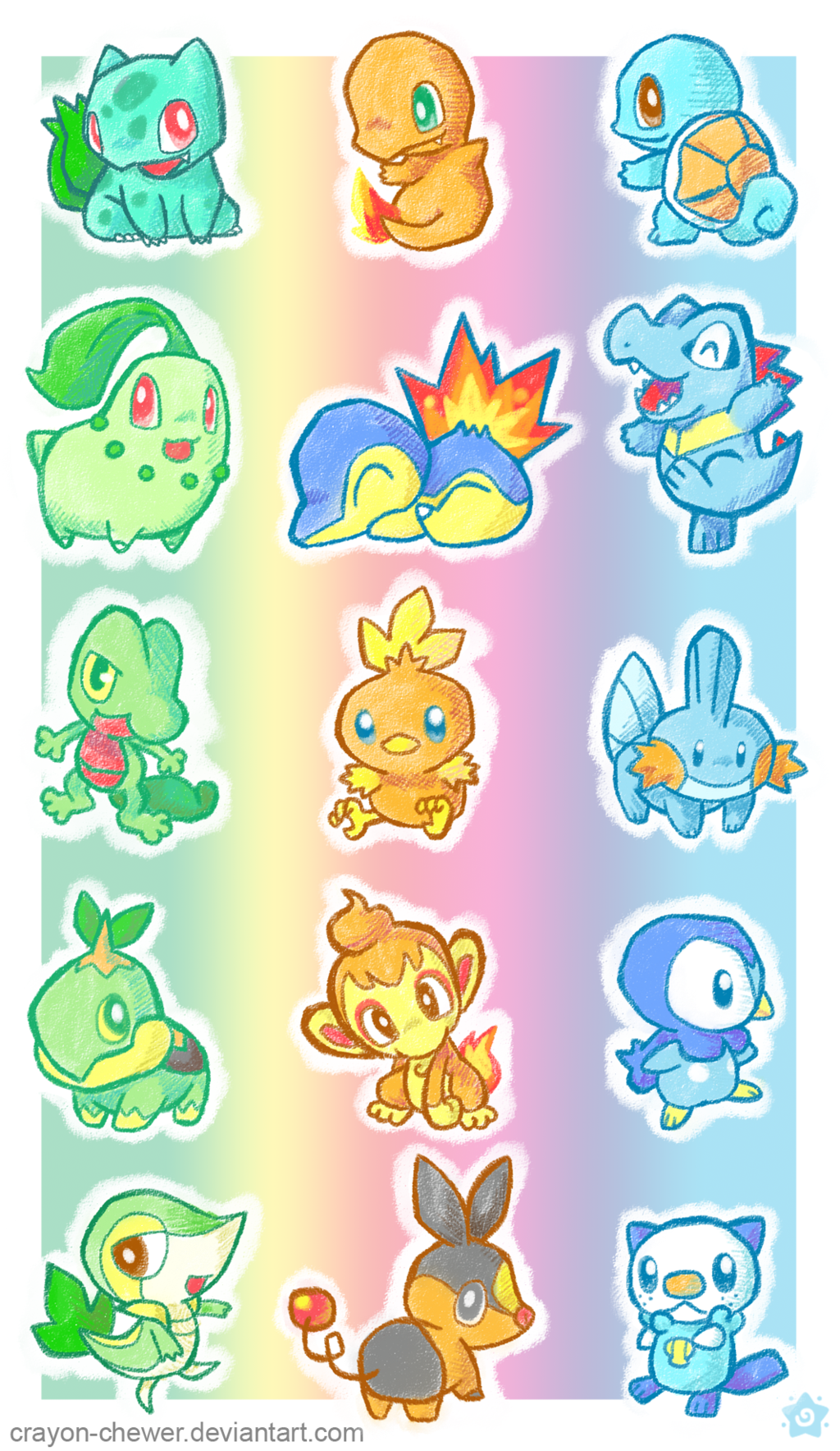 border bright_pupils brown_eyes bulbasaur charmander chikorita chimchar claws closed_eyes commentary crayonchewer cyndaquil deviantart_username english_commentary flame-tipped_tail full_body gen_1_pokemon gen_2_pokemon gen_3_pokemon gen_4_pokemon gen_5_pokemon gradient_background green_eyes happy highres mudkip nintendo no_humans open_mouth oshawott piplup pokemon pokemon_(creature) red_eyes snivy squirtle starter_pokemon_trio tepig torchic totodile treecko turtwig watermark web_address white_border white_pupils