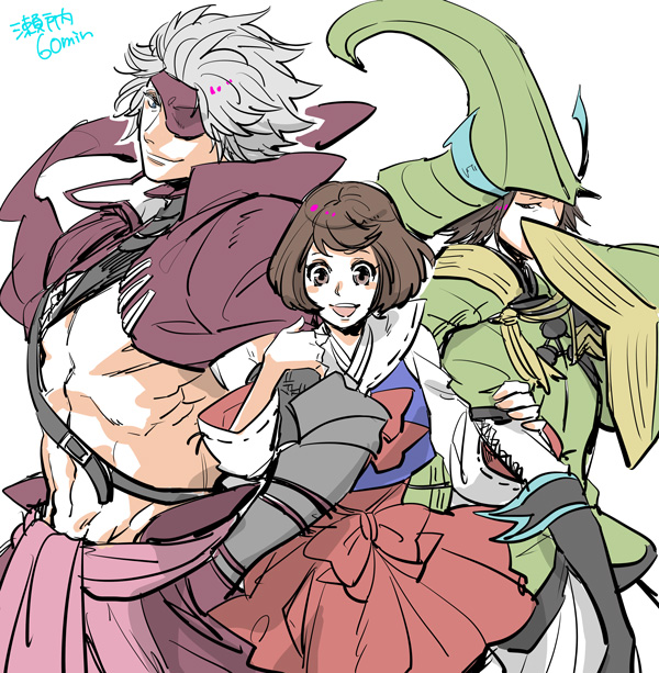 1girl 2boys :d abs black_gloves blue_eyes bow brown_eyes brown_hair chousokabe_motochika_(sengoku_basara) covered_mouth cowboy_shot elbow_gloves eyepatch gloves grey_hair hakama hakama_short_skirt hakama_skirt jacket jacket_on_shoulders japanese_clothes locked_arms looking_at_viewer mouri_motonari_(sengoku_basara) multiple_boys no_shirt one-hour_drawing_challenge open_mouth pants purple_gloves purple_jacket purple_pants red_bow red_hakama sailor_collar sengoku_basara short_hair simple_background skirt smile smirk toned toned_male tsuruhime_(sengoku_basara) white_background white_sailor_collar yona_(waiko)