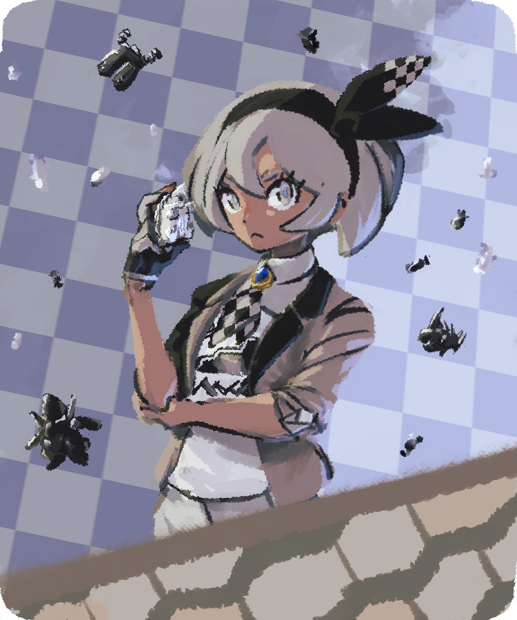 1girl :&lt; bea_(pokemon) black_hairband bow_hairband brown_jacket closed_mouth coalossal collared_shirt commentary eyelashes gen_8_pokemon gloves go-lurk grey_eyes grey_hair gym_leader hair_between_eyes hairband hand_up holding jacket league_card nintendo open_clothes open_jacket pokemon pokemon_swsh shirt short_hair shorts single_glove stonjourner three-quarter_sleeves white_shirt