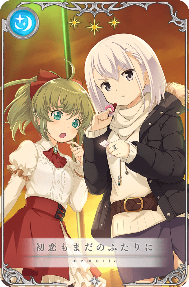 2girls :o :t ahoge anna_mel anna_mel_(winter_costume) aqua_eyes artist_request ascot asymmetrical_bangs belt belt_buckle between_fingers black_bow black_coat blouse blue_brooch bow bow_skirt brown_belt buckle buttons card_(medium) center_frills chewing chocolate closed_mouth cloud coat collared_coat collared_shirt cowboy_shot dot_nose eating eyelashes finger_to_cheek food frilled_skirt frills fur-trimmed_coat fur_trim game_cg green_hair grey_eyes grey_skirt hair_between_eyes hair_bow high-waist_skirt holding holding_food holding_paper izumi_kanagi izumi_kanagi_(winter_costume) jewelry lamppost layered_skirt layered_sleeves light_blush long_hair long_sleeves looking_at_object magia_record:_mahou_shoujo_madoka_magica_gaiden mahou_shoujo_madoka_magica medium_hair miniskirt multiple_girls official_alternate_costume official_art open_clothes open_coat open_mouth orange_sky outdoors paper picture_frame ponytail puffy_long_sleeves puffy_short_sleeves puffy_sleeves red_ascot red_bow red_skirt ring scarf shirt short_over_long_sleeves short_sleeves skirt sky sleeves_past_wrists star_(symbol) sun sunset sweater translated v-shaped_eyebrows white_hair white_scarf white_shirt white_skirt white_sweater winter_clothes winter_coat