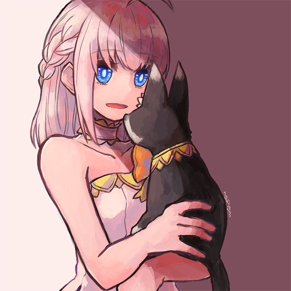 1girl braid breasts cat commentary_request final_fantasy final_fantasy_crystal_chronicles final_fantasy_crystal_chronicles:_echoes_of_time gold_trim medium_hair sherlotta simple_background small_breasts standing sunagimo_(nagimo) translation_request