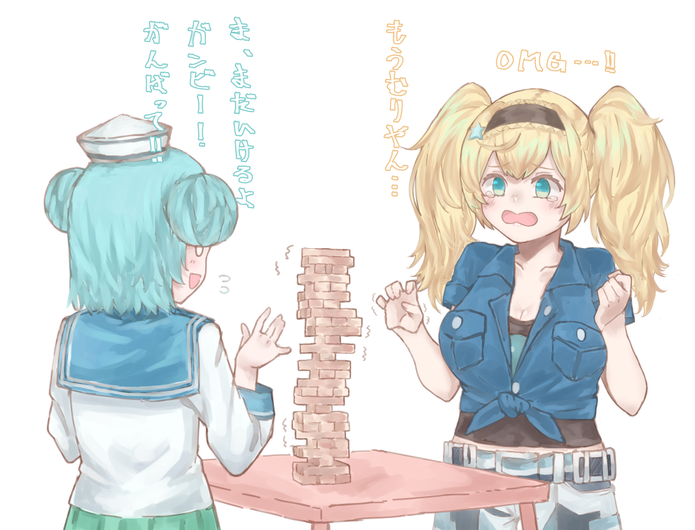 2girls aqua_skirt az_toride black_shirt blonde_hair blue_eyes blue_hair blue_sailor_collar blue_shirt breast_pocket breasts commentary_request double_bun gambier_bay_(kancolle) gambier_bay_(summer)_(kancolle) gloves hair_bun hairband jenga kantai_collection large_breasts long_sleeves multicolored_clothes multiple_girls playing_games pleated_skirt pocket sailor_collar samuel_b._roberts_(kancolle) school_uniform serafuku shirt short_hair simple_background skirt sleeve_cuffs table tied_shirt translation_request twintails upper_body white_background white_shirt