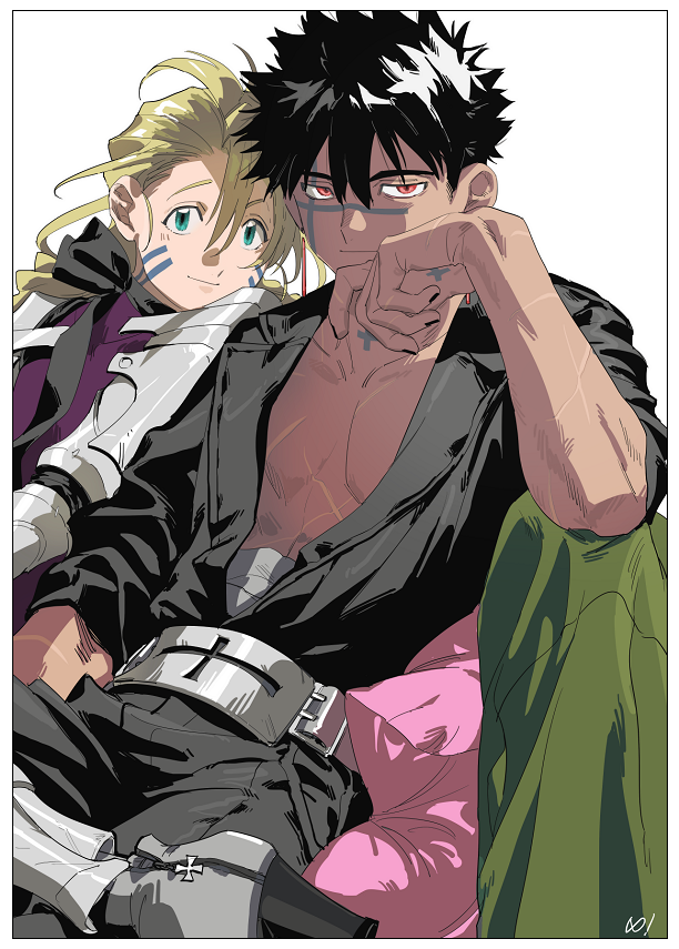 2boys anime_coloring aqua_eyes arm_at_side armor artist_logo bandaged_waist bare_pectorals belt black_choker black_footwear black_hair black_nails black_pants black_shirt blonde_hair border cheek_rest choker closed_mouth cross cross_patty crossed_legs dark-skinned_male dark_skin elbow_rest facial_tattoo greek_cross grey_belt grey_footwear hair_between_eyes hair_slicked_back half-closed_eyes hand_tattoo hand_up lapels light_smile logo long_hair looking_at_viewer male_focus metal_belt multiple_boys multiple_scars nail_polish neck_tattoo on_chair open_clothes open_shirt orange_eyes original palmar_flexion pants pectorals pillow platform_footwear prosthesis prosthetic_leg reclining ribbon_choker scar shirt short_hair shoulder-to-shoulder shoulder_tilt simple_background sitting sleeves_pushed_up solo_focus spiked_hair tattoo trap two-tone_footwear udukiao unworn_clothes white_background white_border