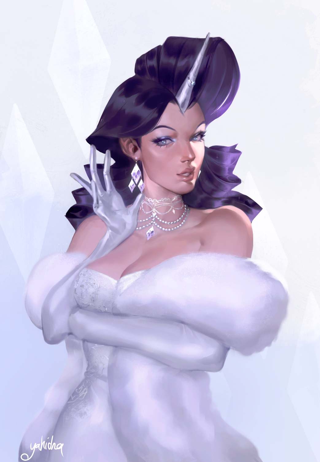 1girl breasts choker cleavage dress earrings elbow_gloves eyelashes gloves highres jewelry lips long_hair my_little_pony my_little_pony:_friendship_is_magic purple_hair rarity_(my_little_pony) realistic solo unicorn_girl white_gloves yahidna