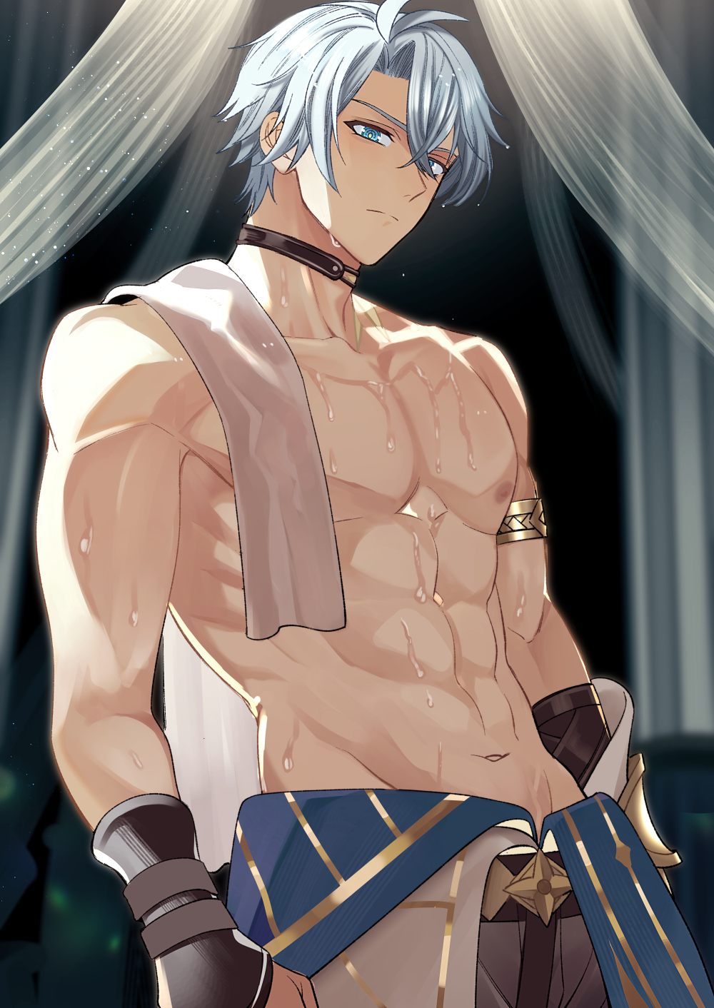 1boy abs antenna_hair armlet black_choker black_gloves blue_eyes blurry blurry_background choker closed_mouth collarbone commentary crossed_bangs fingerless_gloves gloves grey_pants hair_between_eyes highres honkai:_star_rail honkai_(series) jewelry looking_at_viewer male_focus navel nipples pants parted_bangs pectorals phainon_(honkai:_star_rail) short_hair solo split_mouth standing stomach symbol-only_commentary topless_male towel towel_on_one_shoulder wet wet_hair white_hair wokome