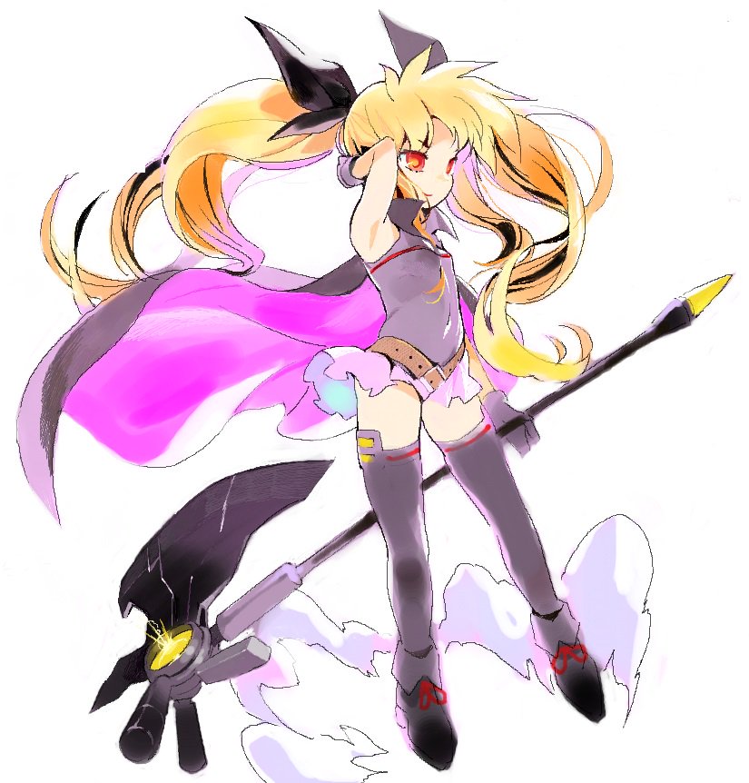 1girl ankle_boots arm_behind_head arm_up axe bad_id bad_twitter_id bardiche_(axe_form)_(nanoha) bardiche_(nanoha) bare_shoulders belt belt_buckle black_boots black_cape black_gloves black_leotard black_ribbon black_thighhighs blonde_hair boots breasts brown_belt buckle cape closed_mouth covered_navel eyebrows facing_away fate_testarossa fate_testarossa_(movie_1st_form) female_focus floating_hair full_body gloves hair_ornament holding holding_axe holding_weapon leotard long_hair lyrical_nanoha mahou_shoujo_lyrical_nanoha mahou_shoujo_lyrical_nanoha_a&#039;s mahou_shoujo_lyrical_nanoha_the_movie_2nd_a&#039;s oishii_ishiwata platform_boots platform_footwear popped_collar red_eyes red_ribbon ribbon simple_background small_breasts smile solo thighhighs twintails weapon white_background zettai_ryouiki