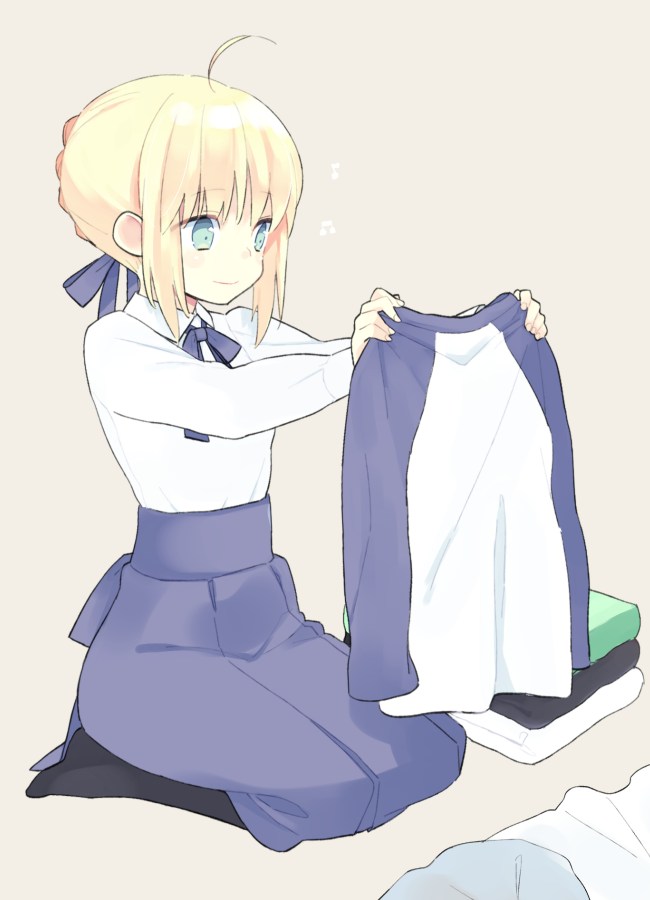 1girl 87banana ahoge artoria_pendragon_(fate) blonde_hair blouse blue_dress bow braid braided_bun dress fate/stay_night fate_(series) folded_clothes folding_clothes green_eyes hair_bow hair_bun raglan_sleeves saber_(fate) seiza shirt sitting smile solo white_shirt