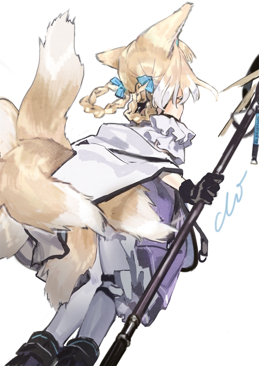 1girl animal_ears arknights bare_shoulders black_gloves blonde_hair braid braided_hair_rings colored_tips dress fox_ears fox_girl fox_tail gloves hair_rings highres holding holding_staff kitsune kyuubi medium_hair multicolored_hair multiple_tails solo staff suzuran_(arknights) tail twin_braids two-tone_hair white_hair xiao_chichi