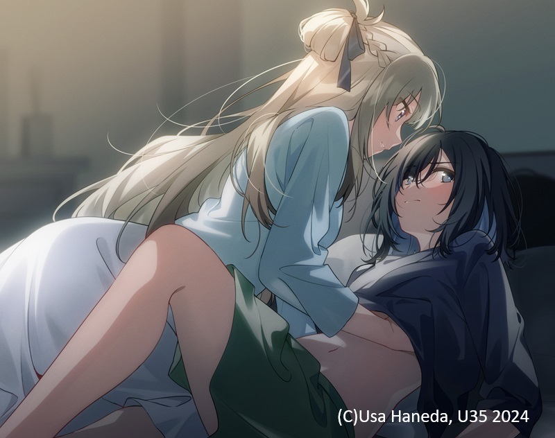 2girls artist_name belly black_hair blush braid brown_hair grabbing_another&#039;s_breast groping hand_under_clothes long_hair looking_at_another looking_to_the_side lying medium_hair miyagi_shiori multiple_girls navel official_art sendai_hazuki shuuniichido_classmate_wo_kau_hanashi smile u35 yuri