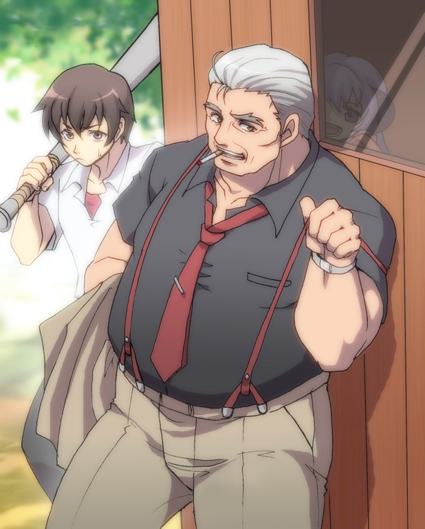 1girl 2boys baseball_bat brown_hair cigarette fat fat_man grey_hair hanyuu higurashi_no_naku_koro_ni horns long_hair maebara_keiichi multiple_boys necktie old old_man ooishi_kuraudo pants shirt short_hair smoking suspenders sweat sweatdrop watch wristwatch zinpati