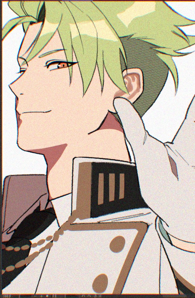 1boy achilles_(celebratory_attire)_(fate) achilles_(fate) arm_up black_necktie closed_mouth collared_shirt commentary_request fate/grand_order fate_(series) gloves green_hair high_collar jacket jewelry long_sleeves looking_at_viewer necklace necktie official_alternate_costume open_clothes open_jacket orange_eyes ororooops outstretched_arm shirt short_hair smirk suit_jacket undercut white_gloves white_jacket