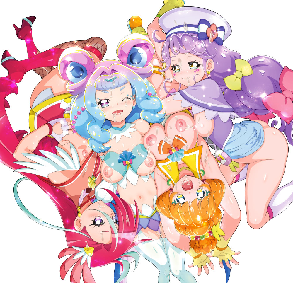 4girls brown_hair censored clothed_sex clothing_aside cure_coral cure_flamingo cure_la_mer cure_papaya heart heart-shaped_pupils ichinose_minori kohsaka_jun laura_(precure) multiple_girls nipples pink_hair precure red_hair sakuragawa_saki suzumura_sango symbol-shaped_pupils takizawa_asuka translation_request tropical-rouge!_precure