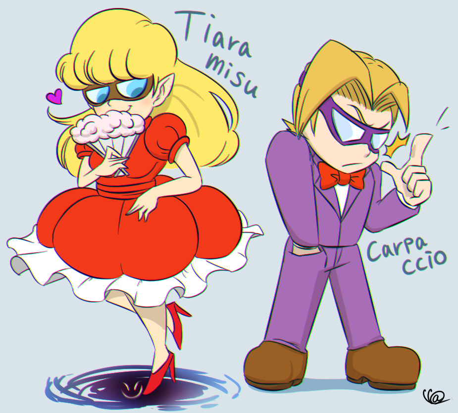 1boy 1girl blonde_hair bow bowtie brown_footwear carpaccio_(wario:_master_of_disguise) dress formal_clothes grey_background hand_fan heinzlike high_heels long_hair pointy_ears purple_suit red_bow red_bowtie red_dress red_footwear simple_background smile suit terrormisu wario:_master_of_disguise