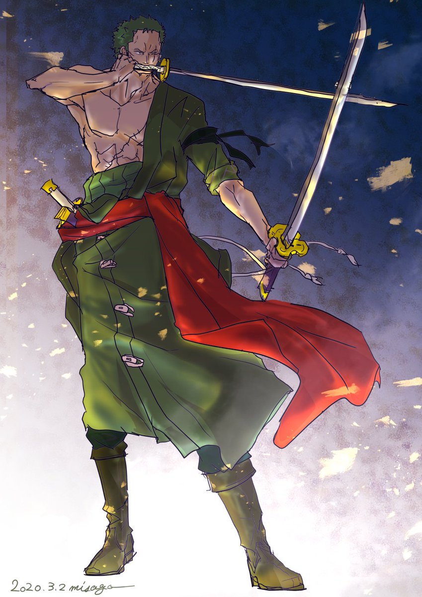 1boy bad_id bad_twitter_id bandana bandana_around_arm black_bandana boots commentary dated green_hair green_kimono haramaki highres holding holding_sword holding_weapon japanese_clothes kimono male_focus misagosun one_piece red_sash roronoa_zoro sash scar scar_across_eye scar_on_face short_hair signature solo stitched_torso stitches sword weapon weapon_in_mouth wind