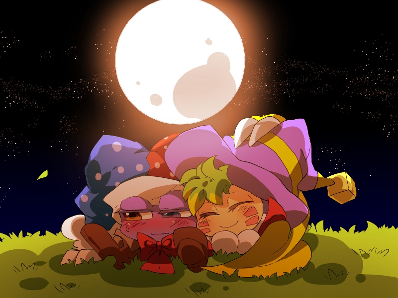 1boy 1girl animal_hands asymmetrical_hair blonde_hair blue_eyes blue_headwear blush boots bow bowtie brown_footwear closed_eyes closed_mouth colored_skin colored_tips commentary_request cube_hat_ornament eyelashes facial_mark frown full_moon gloves grass green_hair gryll_(kirby) half-closed_eyes hand_on_another&#039;s_head hat heterochromia jester_cap kirby_(series) leaning_on_person marx_(kirby) marx_(true_form)_(kirby) moon multicolored_hair night night_sky nintendo outdoors polka_dot_headwear pom_pom_(clothes) purple_headwear purple_skin red_bow red_bowtie red_eyes red_headwear shadow shirushiki sitting sky smile star_(sky) striped_clothes striped_headwear two-tone_headwear white_gloves witch_hat yellow_skin yellow_wings