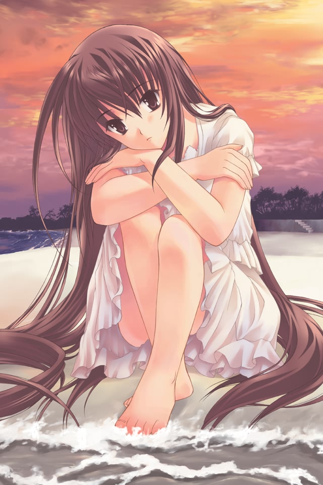 1girl bare_legs barefoot beach brown_eyes brown_hair cloud convenient_leg dress ever_17 female_focus hair_spread_out komachi_tsugumi long_hair solo sunset takigawa_yuu