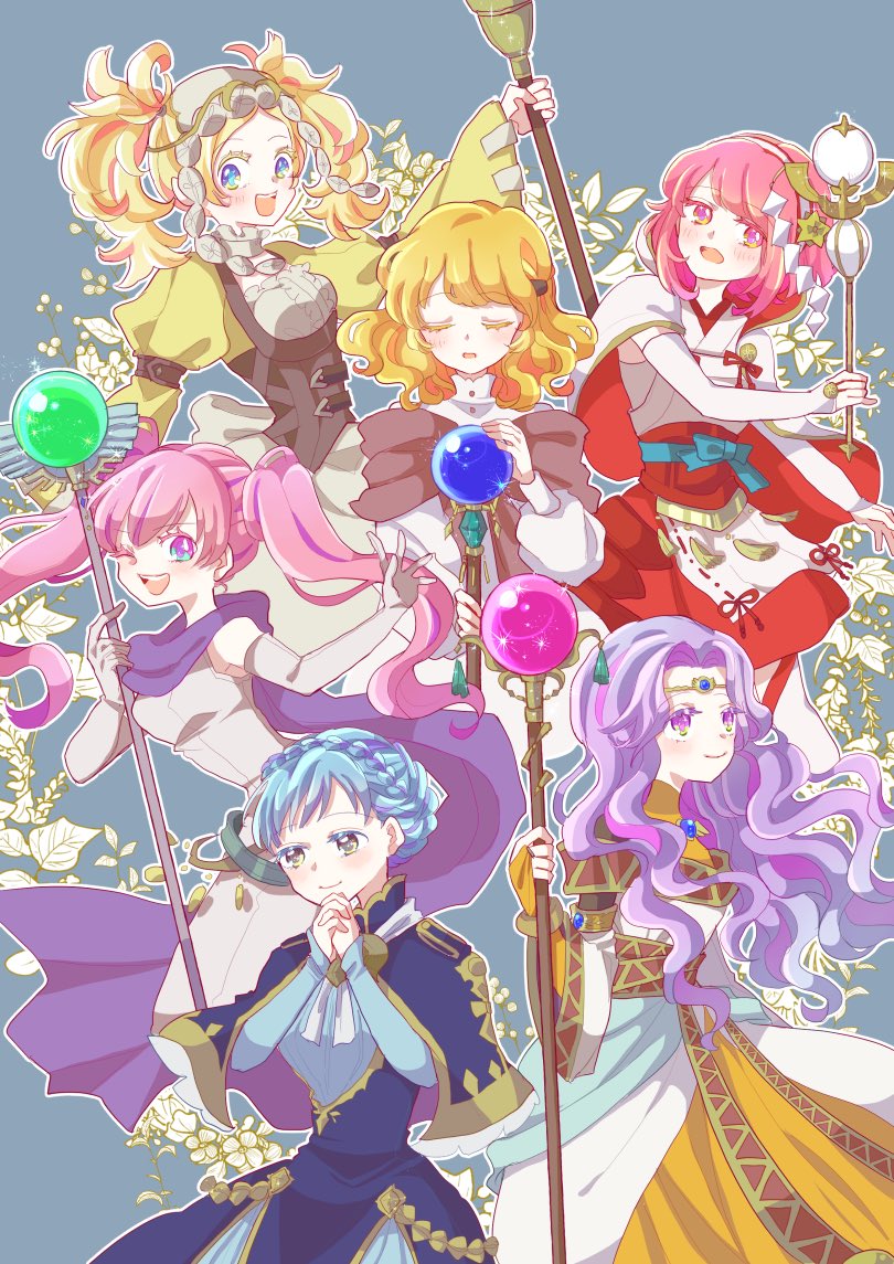 6+girls blonde_hair blue_hair braid capelet circlet closed_eyes commentary_request crown_braid elbow_gloves fire_emblem fire_emblem:_genealogy_of_the_holy_war fire_emblem:_the_blazing_blade fire_emblem:_thracia_776 fire_emblem:_three_houses fire_emblem_awakening fire_emblem_fates gloves holding holding_staff interlocked_fingers lana_(fire_emblem) lissa_(fire_emblem) long_hair marianne_von_edmund multiple_girls nintendo one_eye_closed own_hands_clasped own_hands_together pink_hair purple_hair sakura_(fire_emblem) sara_(fire_emblem) serra_(fire_emblem) smile staff twintails yzkmm