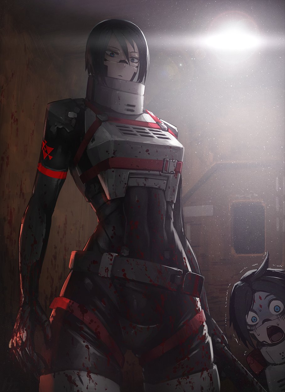 2girls abs ahoge armor belt black_bodysuit black_hair blood blood_on_arm blood_on_clothes blood_on_hands blood_splatter blue_eyes bodysuit breastplate character_request check_character cowboy_shot hetza_(hellshock) highres kolibri_(signalis) lens_flare light multiple_girls open_mouth parted_lips shaded_face short_hair signalis skin_tight solo_focus storch_(signalis) trembling