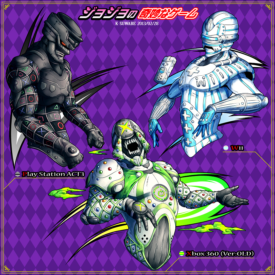 3boys araki_hirohiko_(style) argyle_background argyle_clothes game_console jojo_no_kimyou_na_bouken k-suwabe male_focus microsoft multiple_boys nintendo no_humans parody personification playstation_3 purple_background signature sony stand_(jojo) wii xbox_360