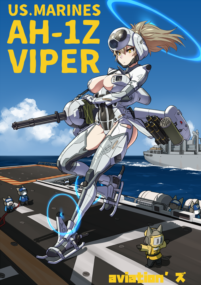 1girl agm-114_hellfire ah-1z_viper air-to-surface_missile anti-tank_guided_missile anti-tank_missile attack_helicopter autocannon bomb breasts brown_hair cannon cat character_name cleavage commentary covered_navel electronic_firearm explosive expressionless gatling_gun giant giantess headgear helicopter large_breasts leotard long_hair low_wings m197_electric_cannon mecha_musume mikoyan military_vehicle missile_pod multiple-barrel_gun muzzle_clamp ocean original personification ponytail precision-guided_munition rotary_cannon ship solo_focus surface-to-surface_missile united_states_marine_corps united_states_navy watercraft wings yellow_eyes