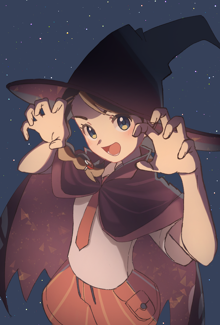 1girl blue_eyes braid brown_hair cape claw_pose commentary eyelashes hair_ornament hairclip halloween_costume hands_up hat juliana_(pokemon) lower_teeth_only necktie night nintendo open_mouth orange_necktie orange_shorts outdoors pokemon pokemon_sv shirt short_sleeves shorts solo suimoku_(hzdg5322) teeth tongue witch witch_hat