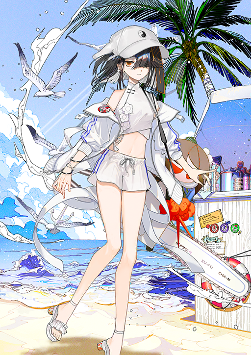 1girl animal arms_at_sides bare_legs bare_shoulders baseball_cap beach bird black_hair blue_sky bracelet breasts chainsaw character_doll character_name closed_mouth cloud colored_inner_hair crop_top crossed_bangs day doll double_vertical_stripe drawstring earrings endo_(takolegs) fate/grand_order fate_(series) game_cg hair_over_one_eye halterneck hat high_collar high_heel_sandals horizon jacket jewelry lady_yu_doll leg_up light_smile looking_at_viewer midriff mole mole_under_eye multicolored_hair multiple_bracelets navel ocean off_shoulder official_art one_eye_covered open_clothes open_jacket orange_eyes palm_tree sand sandals seagull shanghai_neckline shirt short_hair short_shorts shorts sky sleeve_cuffs sleeveless sleeveless_shirt sleeves_pushed_up small_breasts solo standing standing_on_one_leg third-party_source three-quarter_sleeves toes tree unzipped variant_set waves weapon weapon_on_back white_hat white_jacket white_shirt white_shorts xu_fu_(fate) xu_fu_(swimsuit_avenger)_(third_ascension)_(fate) yin_yang