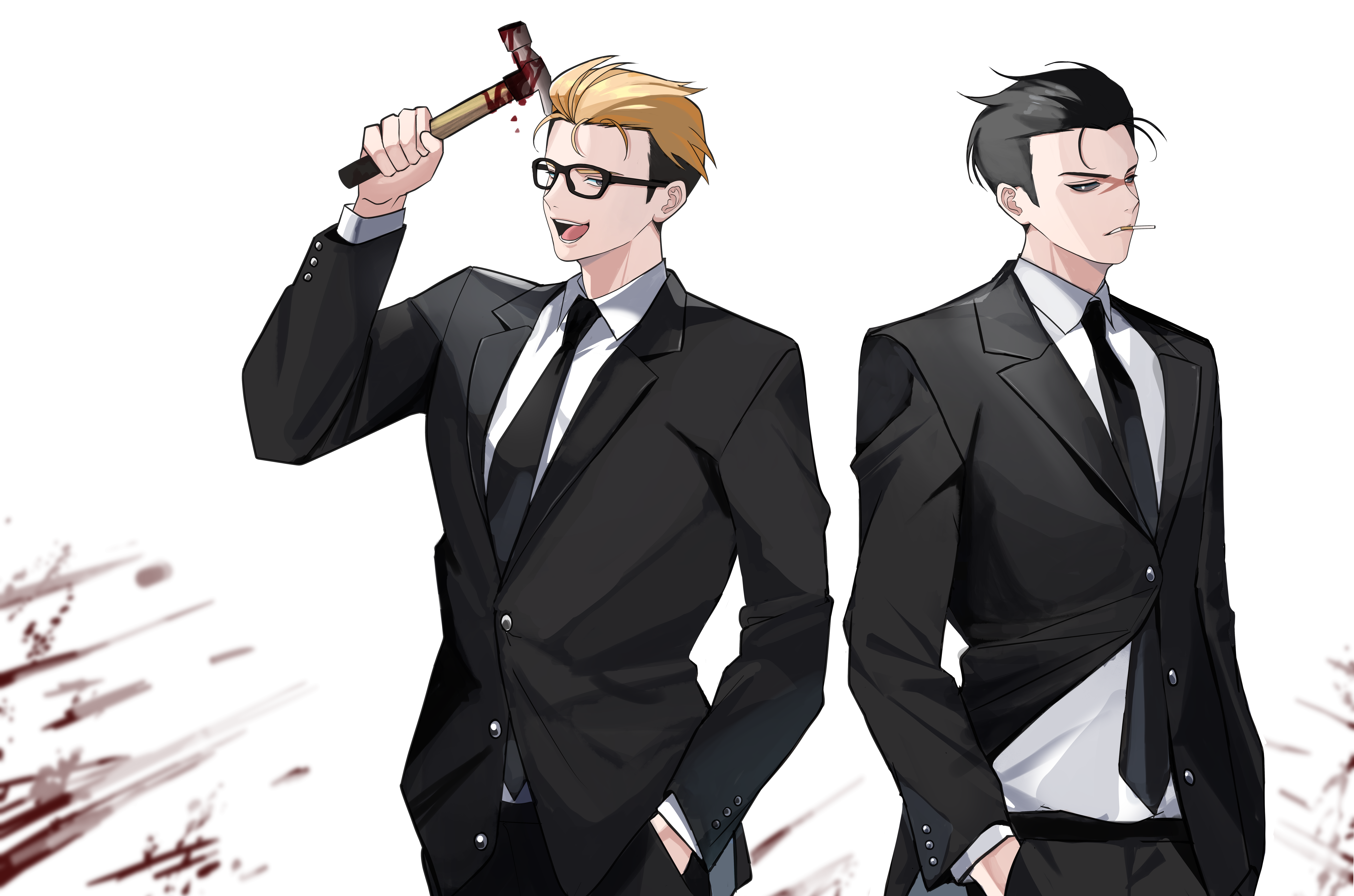2boys :o absurdres black_necktie black_sclera black_suit blonde_hair blood bloody_weapon cigarette colored_sclera formal_clothes hair_slicked_back hammer hand_in_pocket highres holding holding_hammer kasuga_kaya kim_joon_goo long_sleeves lookism male_focus mouth_hold multicolored_hair multiple_boys necktie park_jong-geon short_hair standing suit two-tone_hair weapon white_background