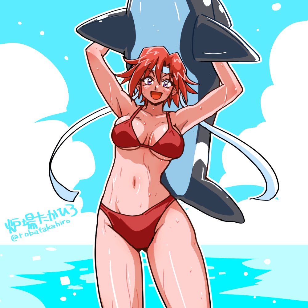 arms_up artist_name bikini breasts collarbone hair_ribbon headband holding holding_toy inflatable_shark inflatable_toy kirishima_kanna navel ocean open_mouth red_bikini red_hair ribbon sakura_taisen short_hair standing swimsuit toy wanta_(futoshi) water wet white_headband white_ribbon