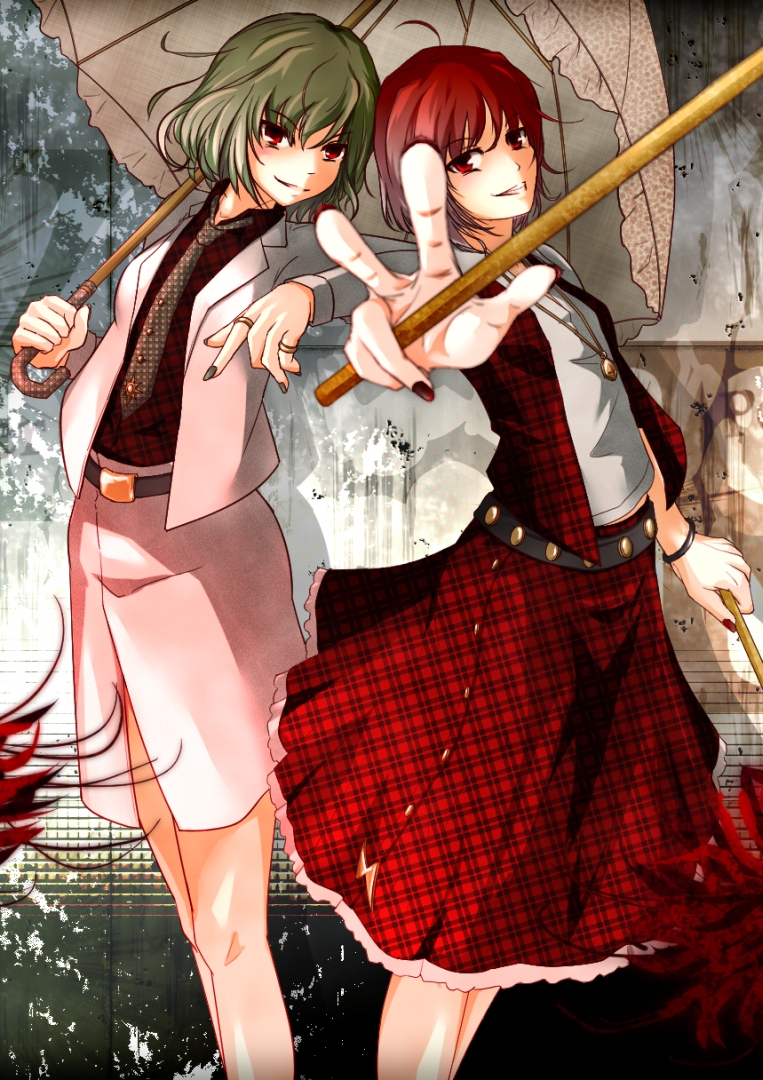 2girls cosplay costume_switch drumsticks green_hair horikawa_raiko horikawa_raiko_(cosplay) jacket kazami_yuuka kazami_yuuka_(cosplay) long_sleeves multiple_girls necktie parasol plaid_clothes plaid_shirt plaid_skirt plaid_vest purple_necktie red_eyes red_hair shirt short_hair skirt skirt_set smile touhou umbrella vest wakashinoda_kei