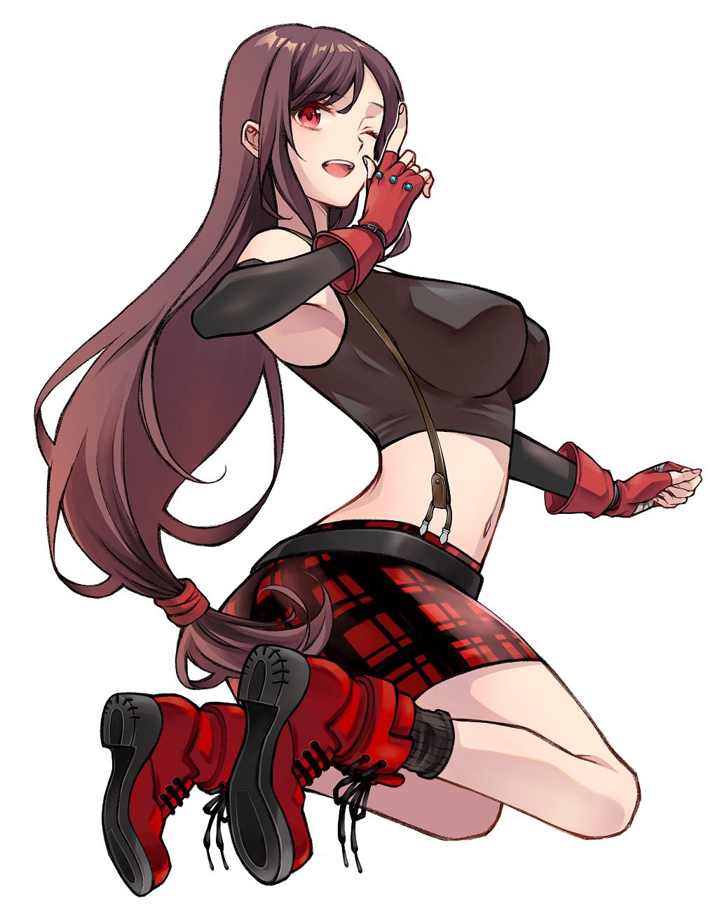 1girl arched_back bandaged_hand bandages bare_shoulders belt black_belt black_gloves black_shirt black_socks boots breasts brown_hair crop_top dissidia_final_fantasy dissidia_final_fantasy_nt elbow_gloves final_fantasy final_fantasy_vii fingerless_gloves floating full_body gloves hair_tie highres kneeling large_breasts long_hair looking_at_viewer low-tied_long_hair materia midriff miniskirt navel official_alternate_costume one_eye_closed open_mouth plaid_clothes plaid_skirt pointing quichi_91 red_boots red_eyes red_gloves red_skirt shirt skirt sleeveless sleeveless_shirt smile socks solo suspenders swept_bangs tifa_lockhart tight_clothes white_background