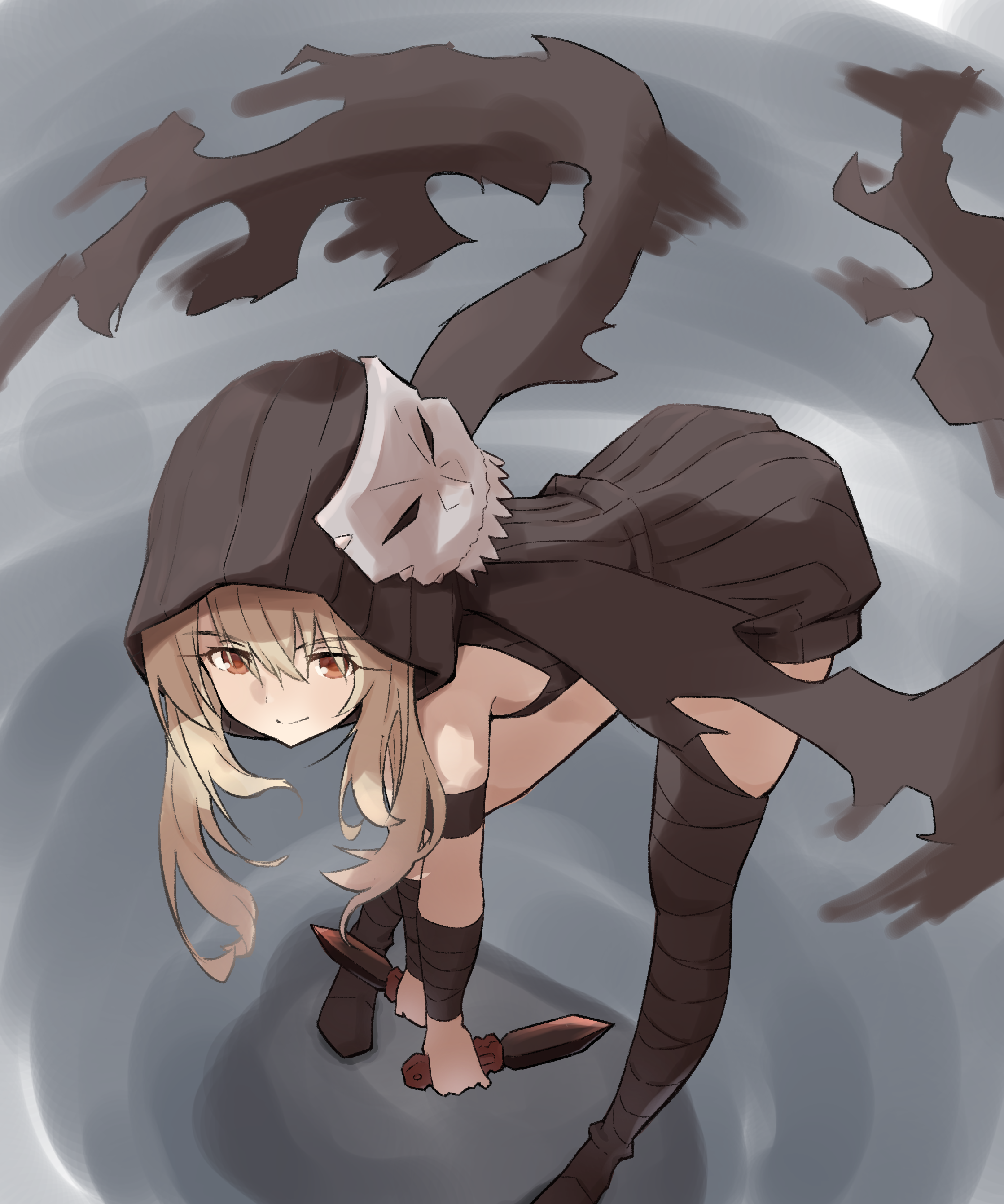 1girl absurdres bandages bent_over black_footwear blonde_hair choppy_bangs fate/kaleid_liner_prisma_illya fate_(series) hassan_of_the_cursed_arm_(fate) highres holding holding_knife holding_weapon hood hore_(user_frns7872) illyasviel_von_einzbern illyasviel_von_einzbern_(assassin_install) knife mask orange_eyes skull skull_mask solo thighs type-moon weapon
