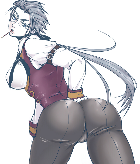 1girl arc_system_works artist_request ass belt blazblue blazblue_phase_0 blue_eyes breasts food from_behind gender_request genderswap gloves large_breasts leaning leaning_forward long_hair looking_at_viewer looking_back mole pale_skin pants pocky ponytail sideboob silver_hair simple_background tight_clothes tight_pants valkenhayn_r_hellsing very_long_hair vest