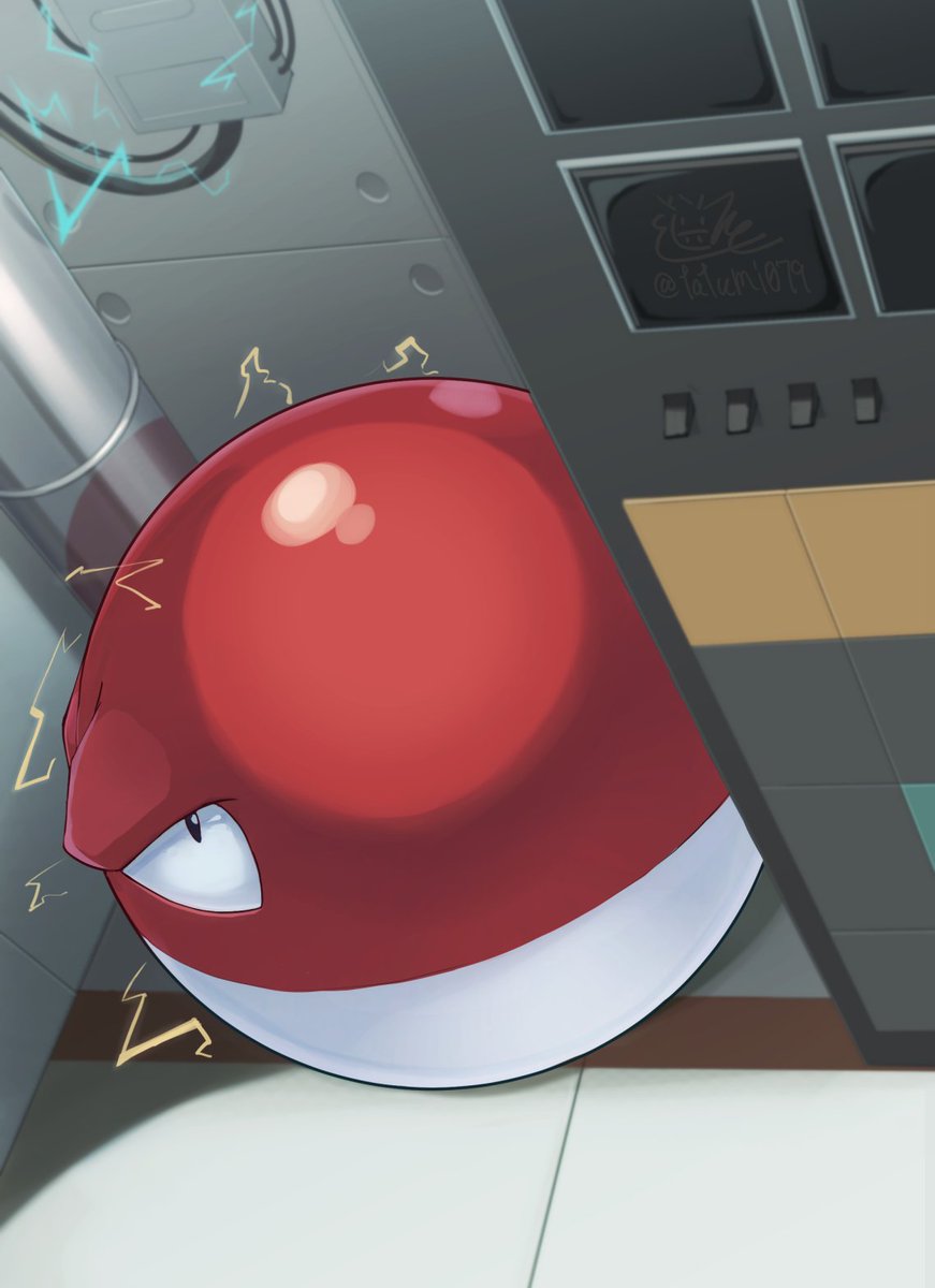 artist_name ball black_eyes cable commentary electricity full_body gen_1_pokemon highres in-universe_location indoors industrial_pipe looking_at_viewer looking_back machine nintendo no_humans pokemon pokemon_(creature) pokemon_rgby solo tatsumi_(panneko) twitter_username voltorb