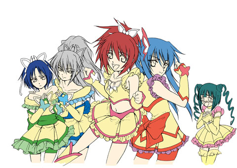 5girls aoi_nagisa cosplay cure_aqua cure_aqua_(cosplay) cure_dream cure_dream_(cosplay) cure_lemonade cure_lemonade_(cosplay) cure_mint cure_mint_(cosplay) cure_rouge cure_rouge_(cosplay) hanazono_shizuma lowres multiple_girls parody precure rokujou_miyuki strawberry_panic! suzumi_tamao tsukidate_chiyo urutsu_sahari yes!_precure_5
