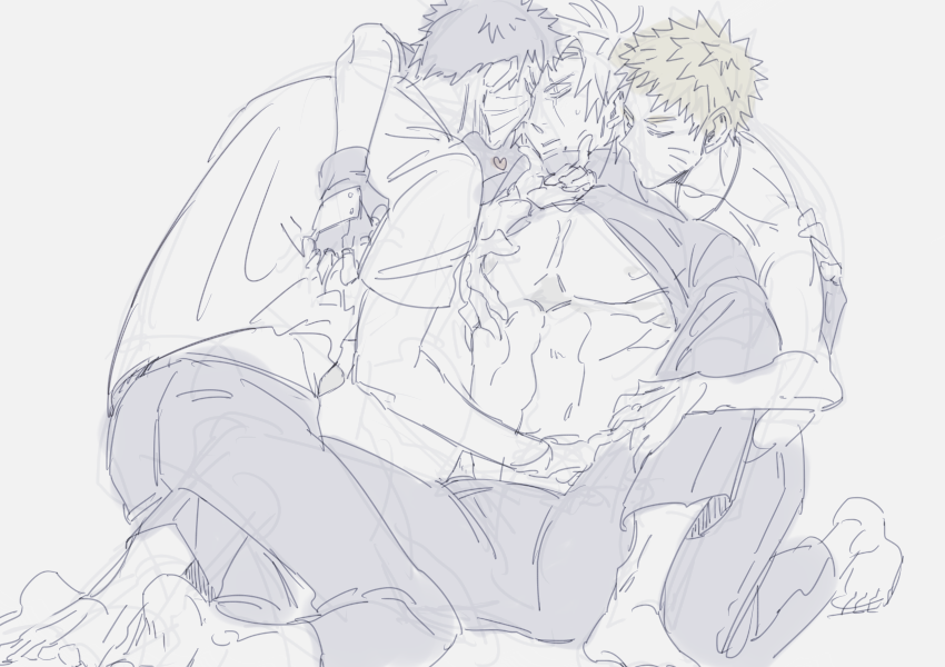3boys abs blonde_hair boy_sandwich facial_mark fingerless_gloves gloves hatake_kakashi kissing_neck multiple_boys naruto_(series) naruto_shippuuden nipples pectorals sandwiched scar scar_on_face short_hair spiked_hair uchiha_obito uzumaki_naruto vosovic whisker_markings yaoi