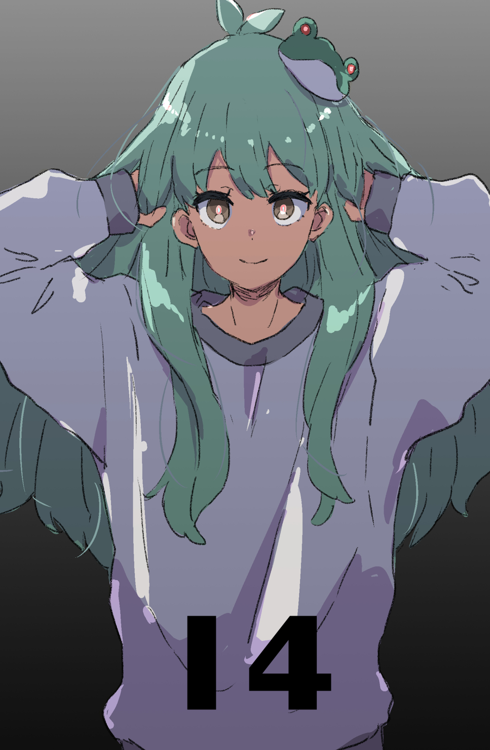 1girl alternate_costume antenna_hair black_background casual contemporary dot_nose facing_viewer gradient_background green_hair hand_in_own_hair highres jack_(wkm74959) kochiya_sanae long_sleeves looking_at_viewer shadow shirt sidelocks simple_background smile solo touhou upper_body white_shirt wide_sleeves yellow_eyes