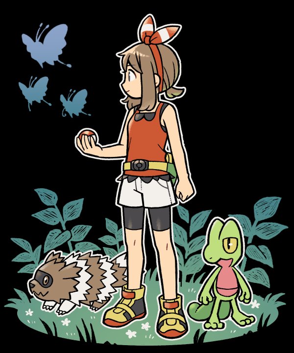 1girl arm_at_side beautifly bike_shorts brown_hair creatures_(company) full_body game_freak gen_3_pokemon holding holding_poke_ball may_(pokemon) nintendo numae_kaeru poke_ball pokemon pokemon_(creature) pokemon_oras red_shirt shirt short_hair shorts treecko white_shorts zigzagoon