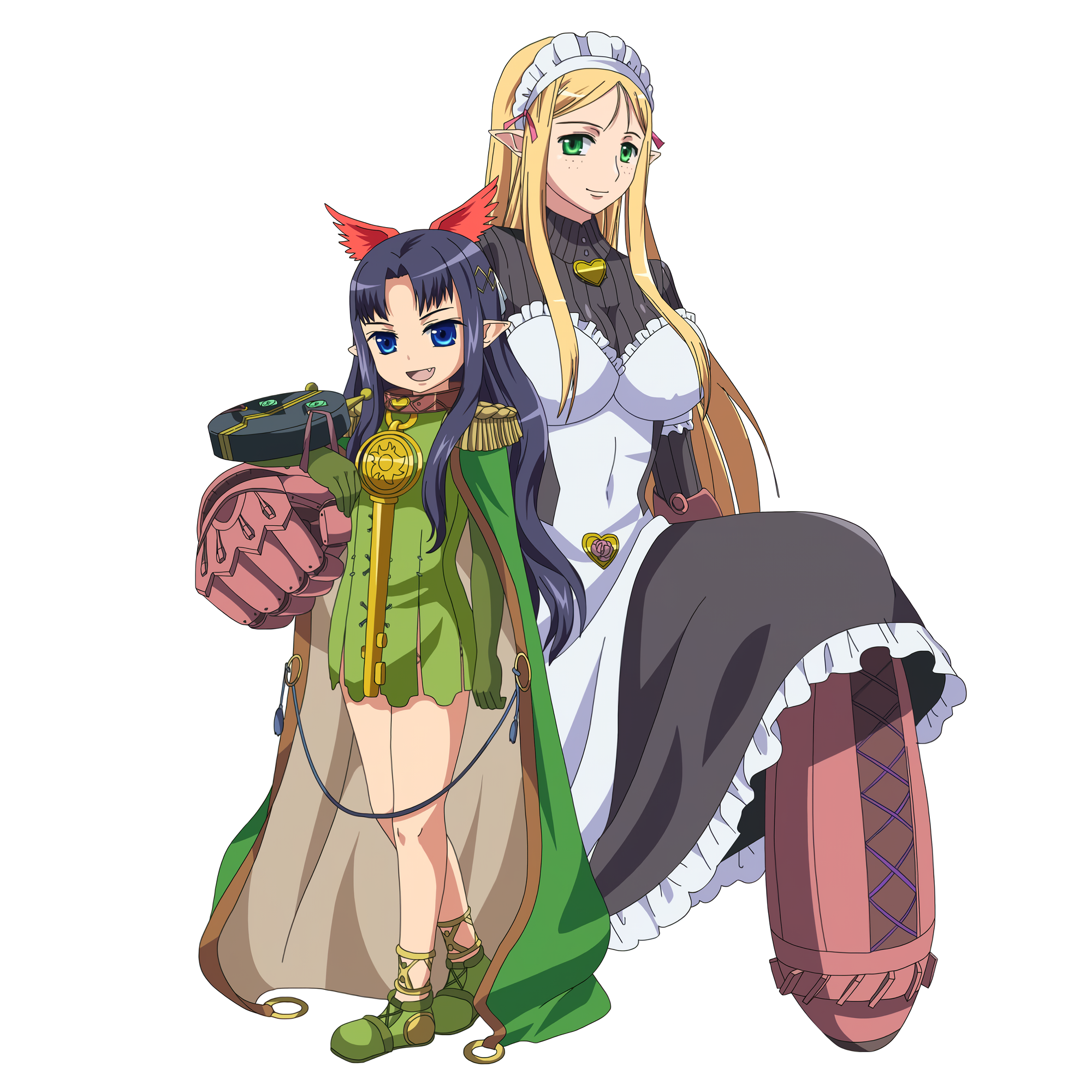 10s 2girls apron blonde_hair blue_eyes blush breasts cape clenched_hand flower freckles frills green_eyes gun highres koume_keito large_breasts long_hair maid maid_apron multiple_girls official_art pointy_ears queen's_blade queen's_blade_lost_worlds queen's_blade_rebellion thighhighs translation_request vante weapon yuit_(queen's_blade)