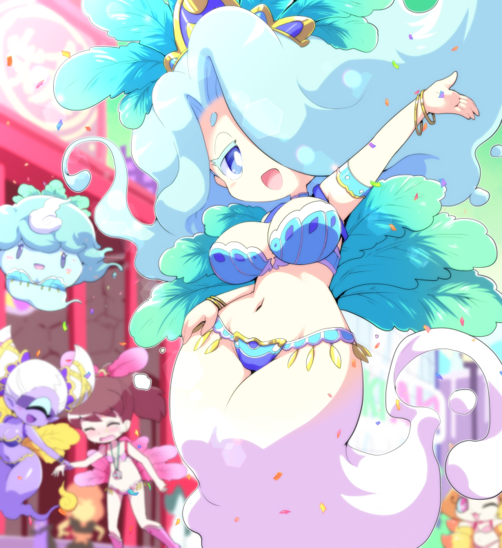 blue_eyes blue_hair bracelet breasts character_request enraenra_(youkai_watch) fuumin_(youkai_watch) hair_over_one_eye jewelry kodama_fumika large_breasts long_hair multiple_girls nollety open_mouth solo_focus youkai_watch youkai_watch_3