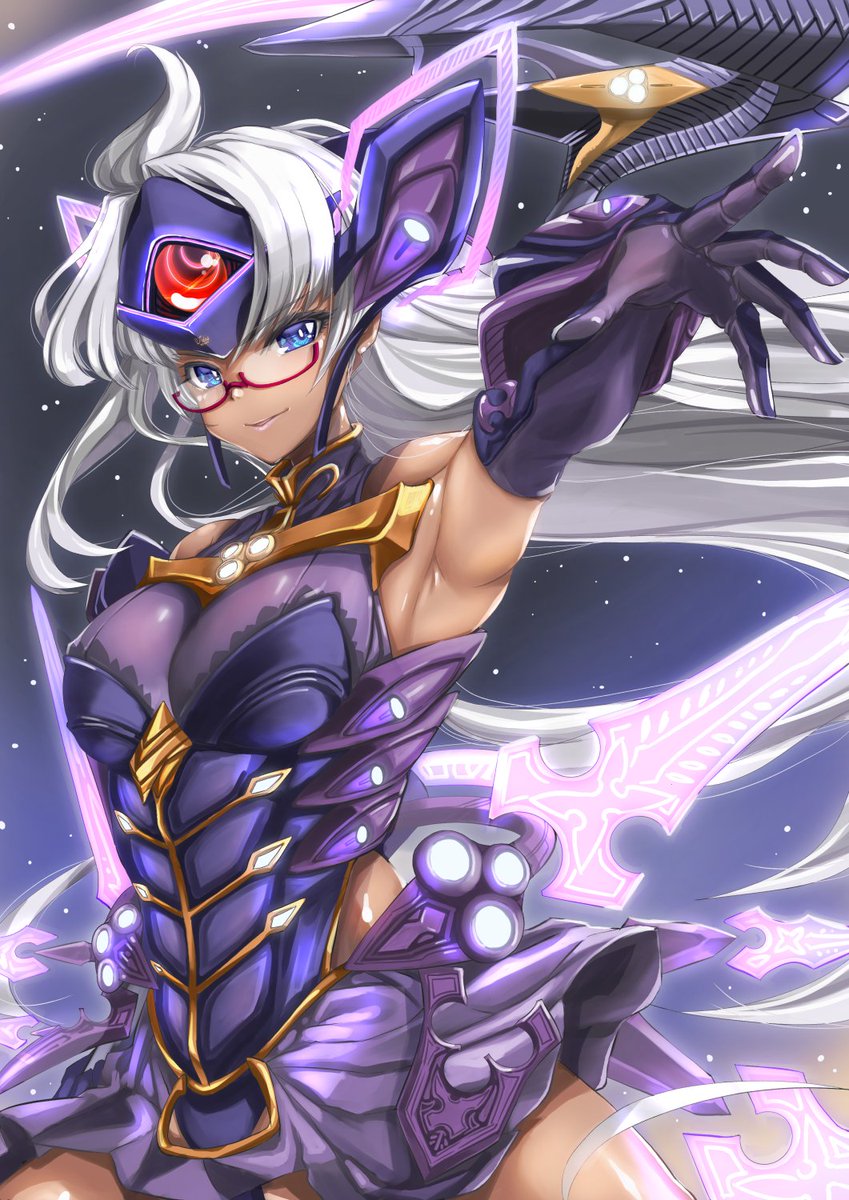 1girl armpits ayamo_kaoru blue_eyes breasts dark-skinned_female dark_skin elbow_gloves glasses gloves highleg highleg_leotard highres large_breasts leotard long_hair shiny_skin solo t-elos t-elos_re: white_hair xenoblade_chronicles_(series) xenoblade_chronicles_2