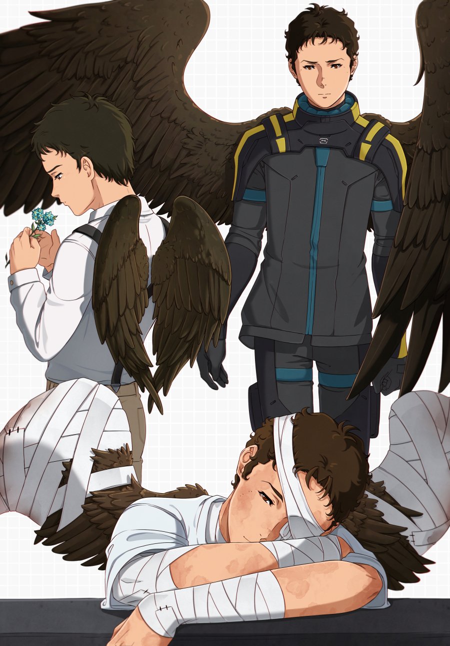 1boy arm_rest bandage_over_one_eye bandaged_arm bandages black_gloves black_jacket black_pants black_wings blue_flower brown_hair brown_pants burn_scar closed_mouth enelous feathered_wings flower gloves grey_background grid_background gundam gundam_hathaway&#039;s_flash hathaway_noa head_rest highres holding holding_flower jacket long_sleeves looking_at_viewer male_focus mecha_pilot_suit multiple_views one_eye_covered oversized_wings pants red_eyes scar shirt short_hair sleeves_rolled_up suspenders very_short_hair white_shirt wings