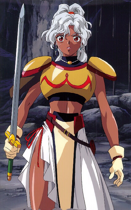 1girl anime_screenshot armor arms_at_sides cowboy_shot dark-skinned_female dark_skin female_focus hair_between_eyes hairdressing high_ponytail holding holding_sword holding_weapon jewelry narrow_waist necklace parted_bangs pauldrons pelvic_curtain ponytail rita_(words_worth) shoulder_armor solo standing sword thighs v-shaped_eyebrows wavy_hair weapon wide-eyed words_worth yellow_armor