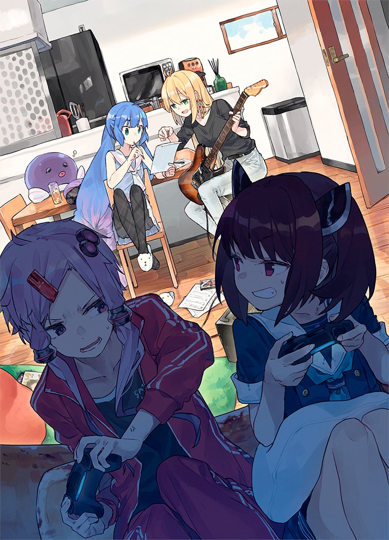 4girls ahoge alternate_costume anger_vein animal_slippers antenna_hair bangs_pinned_back beads belt black_belt black_pantyhose black_shirt blade blue_eyes blue_hair blue_neckerchief blue_shirt blue_skirt brown_hair buttons commentary_request controller cup drinking_glass dutch_angle eel_hat electric_guitar eye_contact forehead game_controller glaring gradient_hair green_eyes grin guitar hair_beads hair_ornament hat headgear hitogome holding holding_controller holding_game_controller holding_instrument holding_pen house indoors instrument jacket kiritanpo_(food) knees_up light_purple_hair long_hair long_sleeves looking_at_another looking_at_viewer looking_to_the_side microwave multicolored_hair multiple_girls neckerchief no_eyewear on_chair open_clothes open_door open_jacket otomachi_una otomachi_una_(talkex) oversized_food oversized_object pants pantyhose pen pen_to_mouth pillow pink_hair plaid_clothes plaid_legwear playing_games pointing purple_eyes purple_hair red_eyes red_jacket red_pants refrigerator rug sailor_collar shade shirt short_hair short_hair_with_long_locks short_sleeves sideways_glance sitting skirt sleeveless sleeveless_shirt sleeves_rolled_up slippers smile sweat sweatdrop talkex teaching touhoku_kiritan track_jacket track_pants tsurumaki_maki twintails unworn_hat unworn_headwear v-shaped_eyebrows very_long_hair vocaloid voiceroid white_neckerchief white_pants white_sailor_collar white_skirt wooden_floor yuzuki_yukari