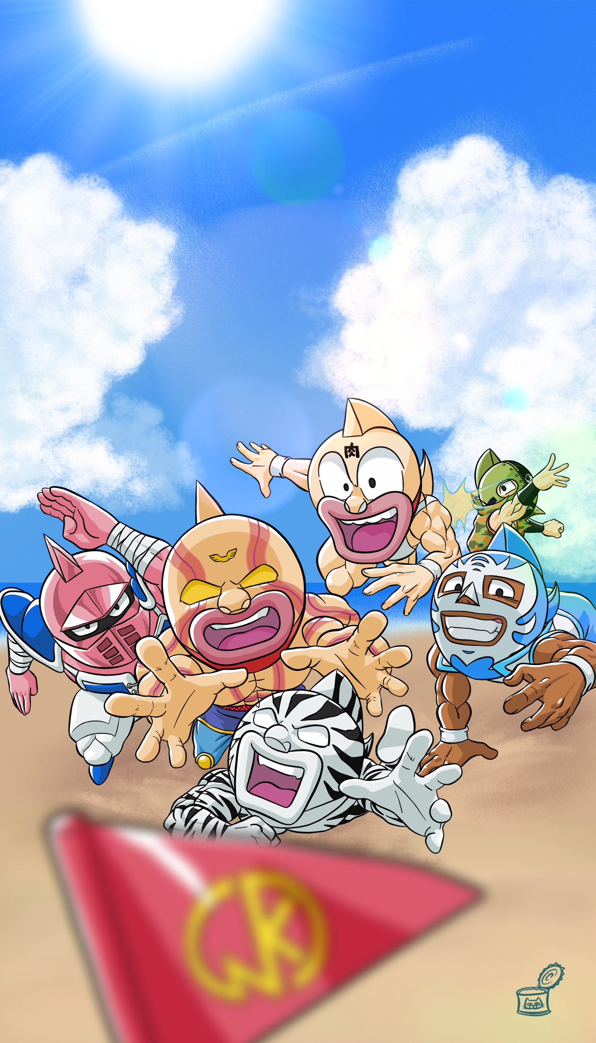 6+boys armlet armor beach biceps blank_eyes chibi grin happy helmet highres jewelry jumping kazeya_kazuya kinniku_ataru kinniku_suguru kinnikuman kinnikuman_(character) kinnikuman_big_body kinnikuman_mariposa kinnikuman_soldier kinnikuman_super_phoenix kinnikuman_zebra large_pectorals looking_ahead looking_at_viewer manly mask mouth_mask multiple_boys muscular pectorals playing_sports running serious simple_background smile wrestling wrestling_mask wrestling_outfit