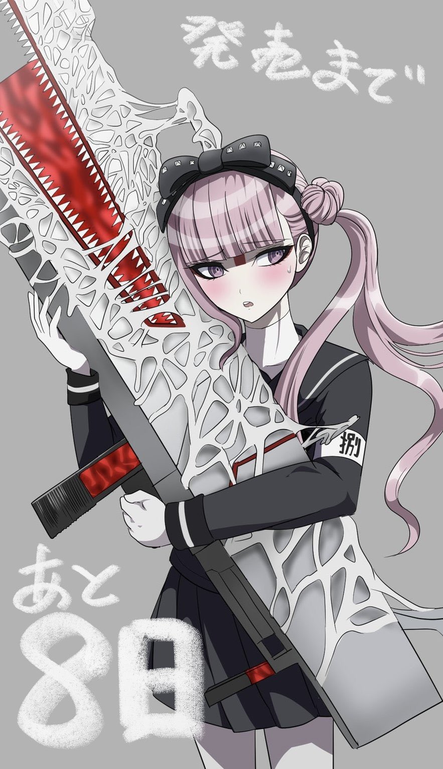 1girl blush female_focus grey_background gun highres holding holding_gun holding_rifle holding_sniper_rifle holding_weapon japanese_text long_hair matching_hair/eyes open_mouth pink_eyes pink_hair simple_background solo standing teeth the_hundred_line_-last_defense_academy- translation_request tsukumo_kako twintails upper_teeth_only weapon